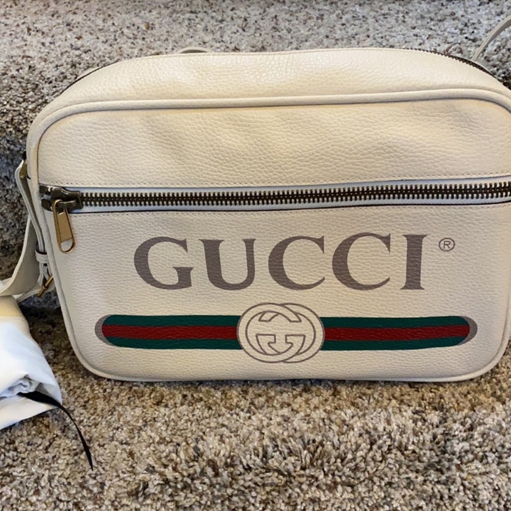GUCCI white web stripe printed logo large leather messenger bag - Picture 3 of 11
